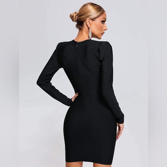 Chic Black Long Sleeve Dress with Crystal Accents - Picture 2 of 14